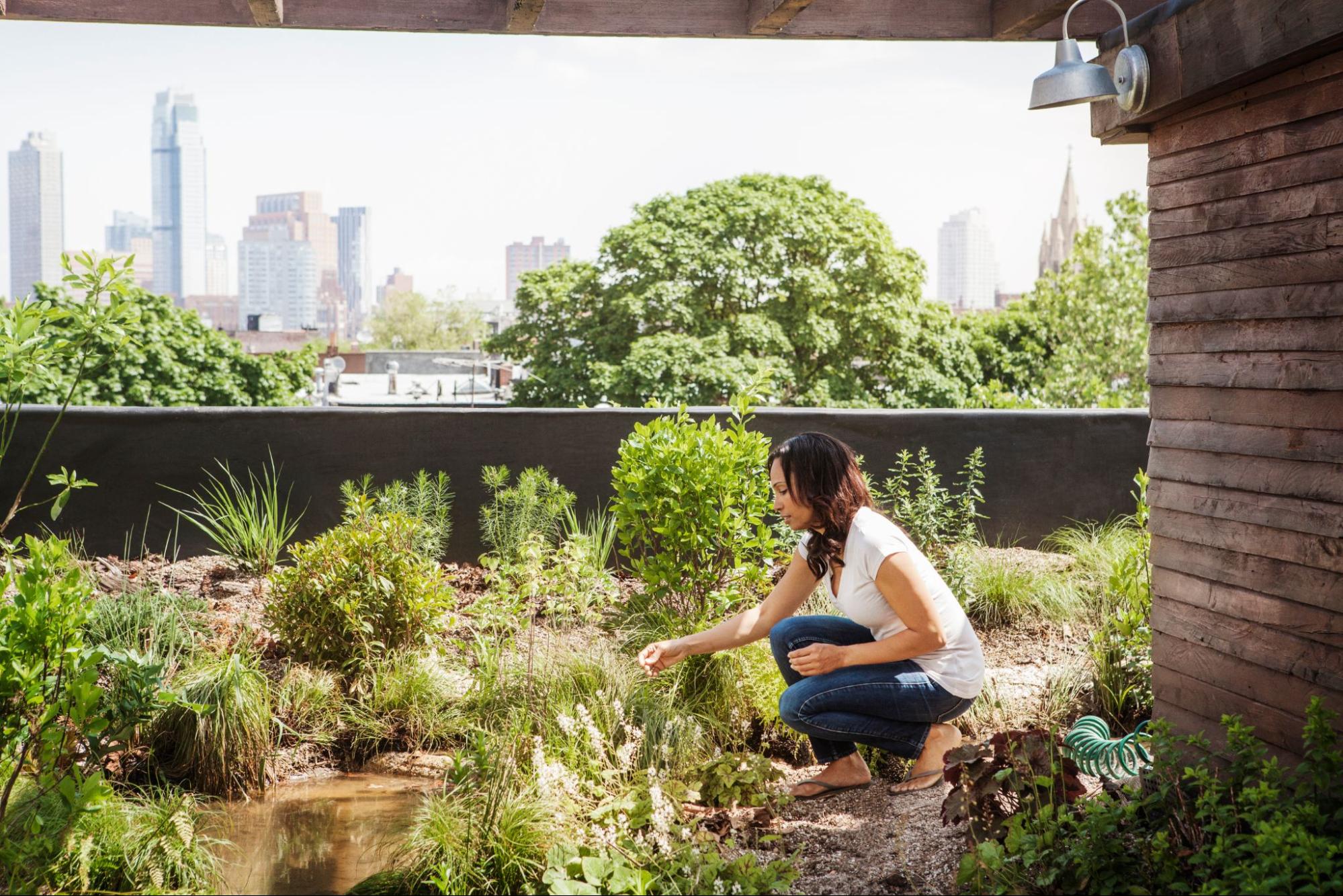 Image of woman crouched in rooftop garden with Manhattan skyline in the background